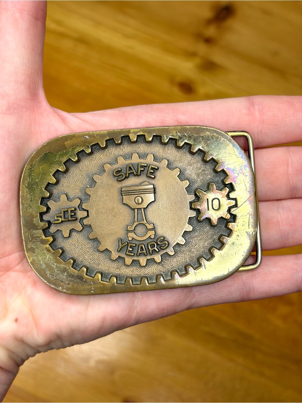 VINTAGE JOSTENS SCE 10 YEAR SAFETY AWARD BRASS BELT BUCKLE